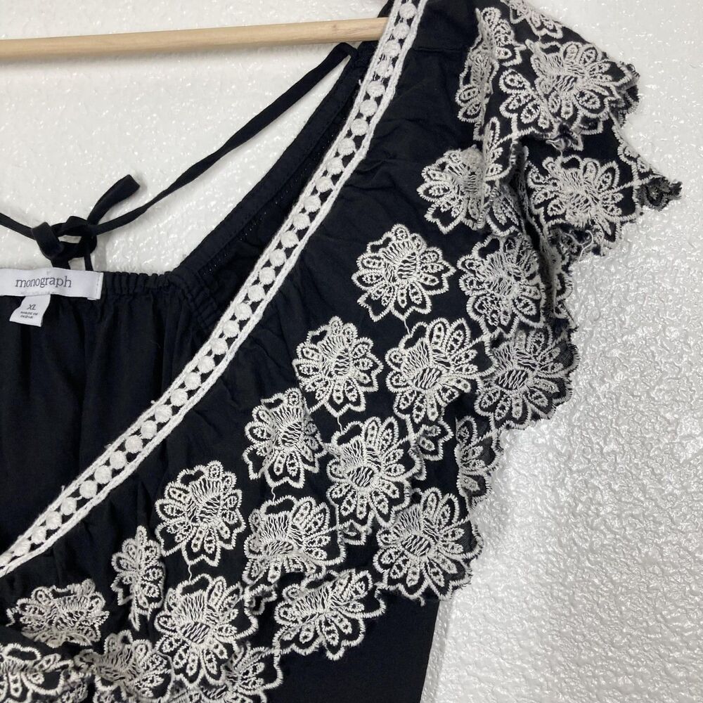 Monograph Anthropologie Blouse XL Black Embroidered Floral Ruffle Crop Top Boho - Picture 7 of 15